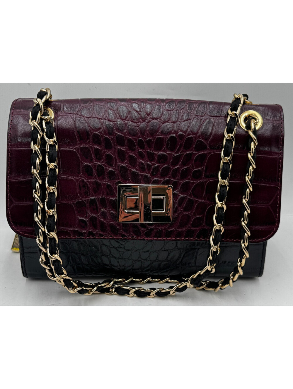 Innue Women's Handbag Burgundy Black Leather Croc Leather Turn Lock Shoulder Bag